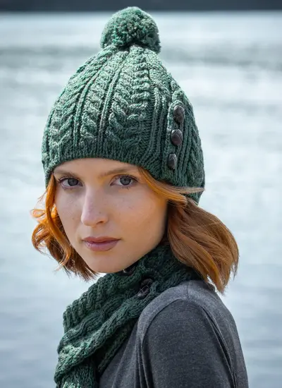 Merino Aran Button Pom Pom Hat